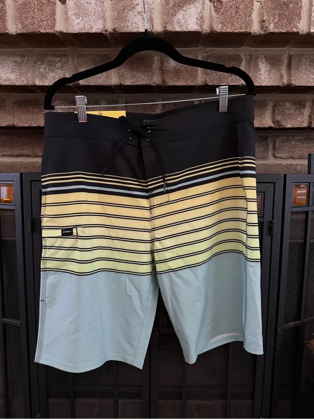 O'Neill Black, Yellow & Light Blue Striped Men's Board Shorts